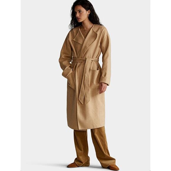 Ralph Lauren Belted Wrap Wool Long Coat Camel Women's L Double Face Pockets Tan - Picture 1 of 14